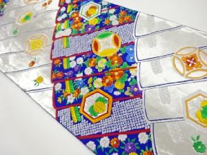 草花に亀甲・七宝模様織出し袋帯